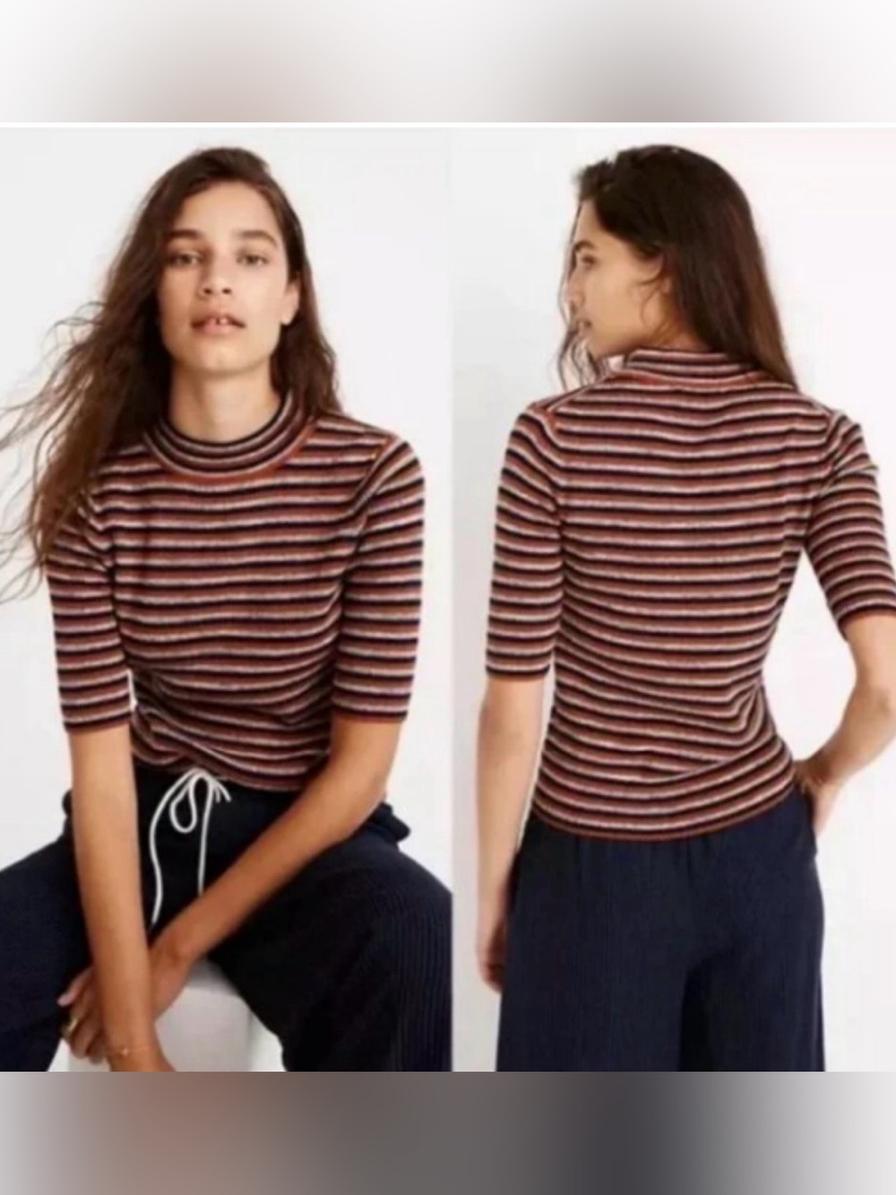 Madewell Dalston Mock Neck Top Retro 70s Striped Rib Knit Rust Navy S